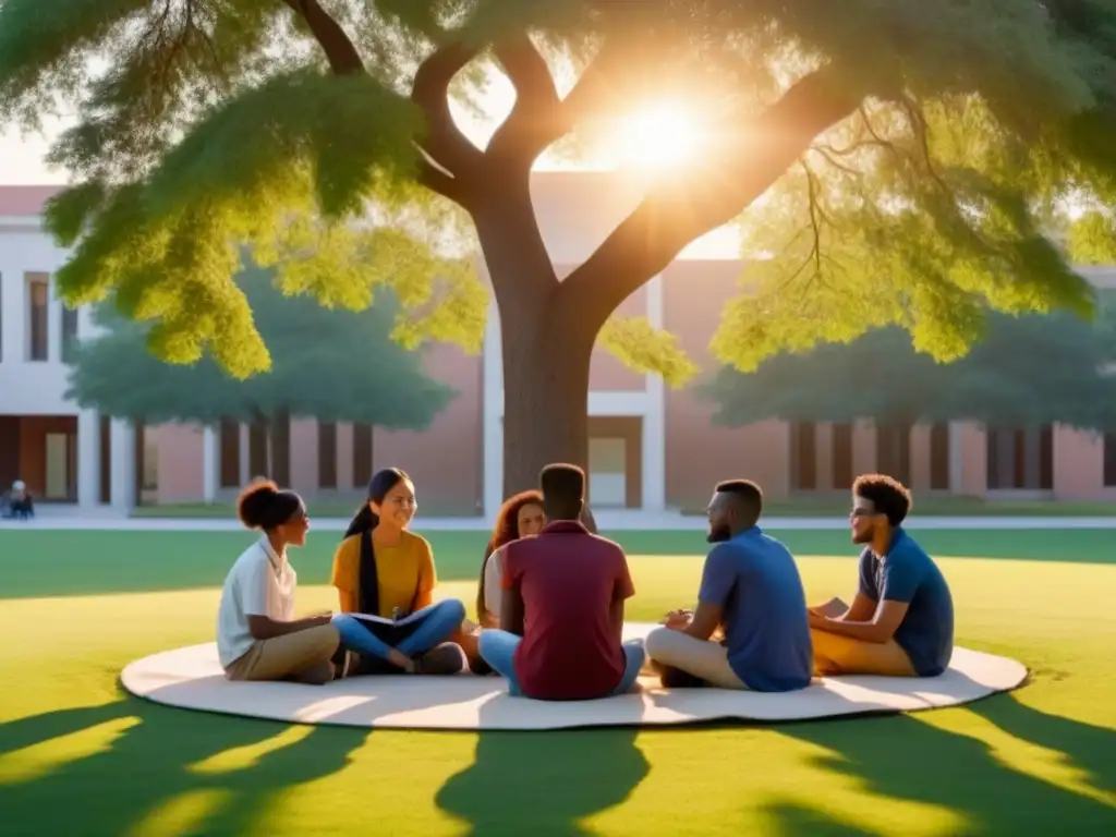 Estudiantes de diversas etnias estudian bajo un árbol al atardecer en un campus universitario, simbolizando unidad y diversidad