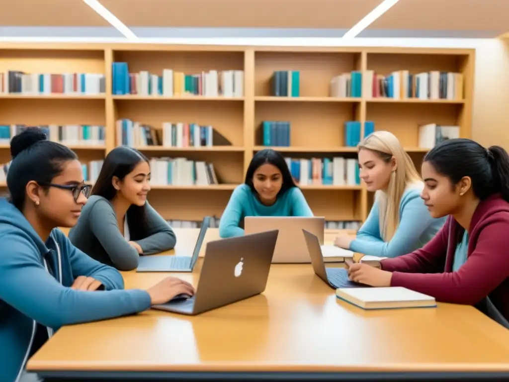 Estudiantes de diferentes etnias colaboran en la biblioteca, creando un ambiente de unidad y aprendizaje