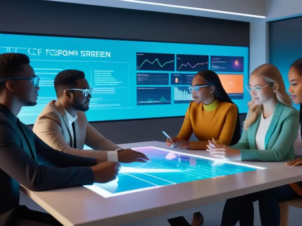 Estudiantes de diversas etnias y géneros colaboran en un proyecto holográfico en un aula moderna