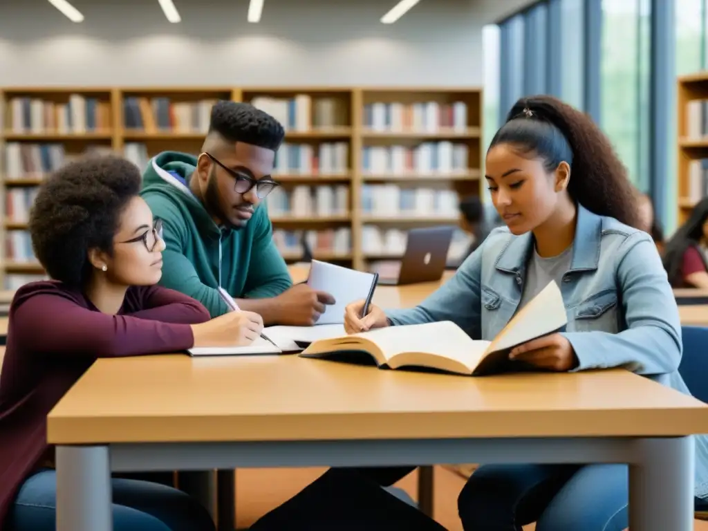 Estudiantes de diversas etnias estudian juntos en una biblioteca moderna