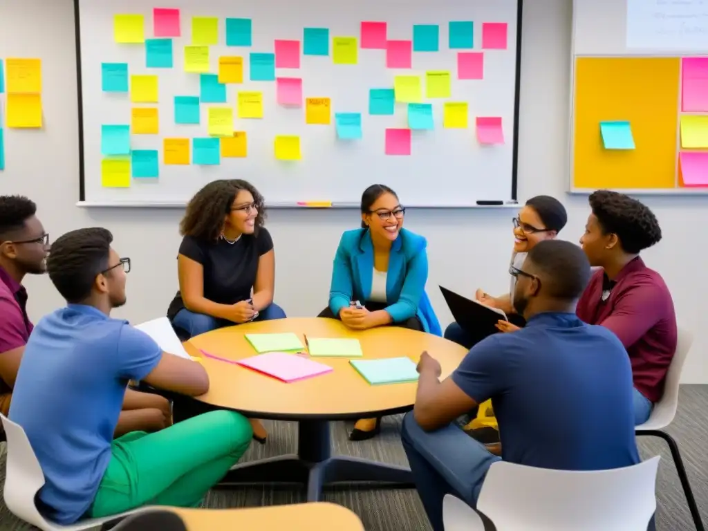 Estudiantes participando en evaluación colaborativa con notas y pizarra llena de ideas