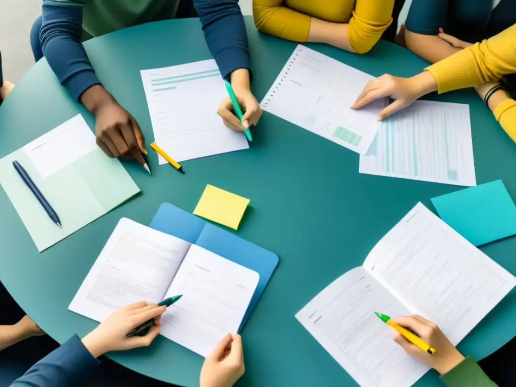 Estudiantes diversos participan activamente en evaluación colaborativa, reflejando trabajo en equipo y compromiso académico