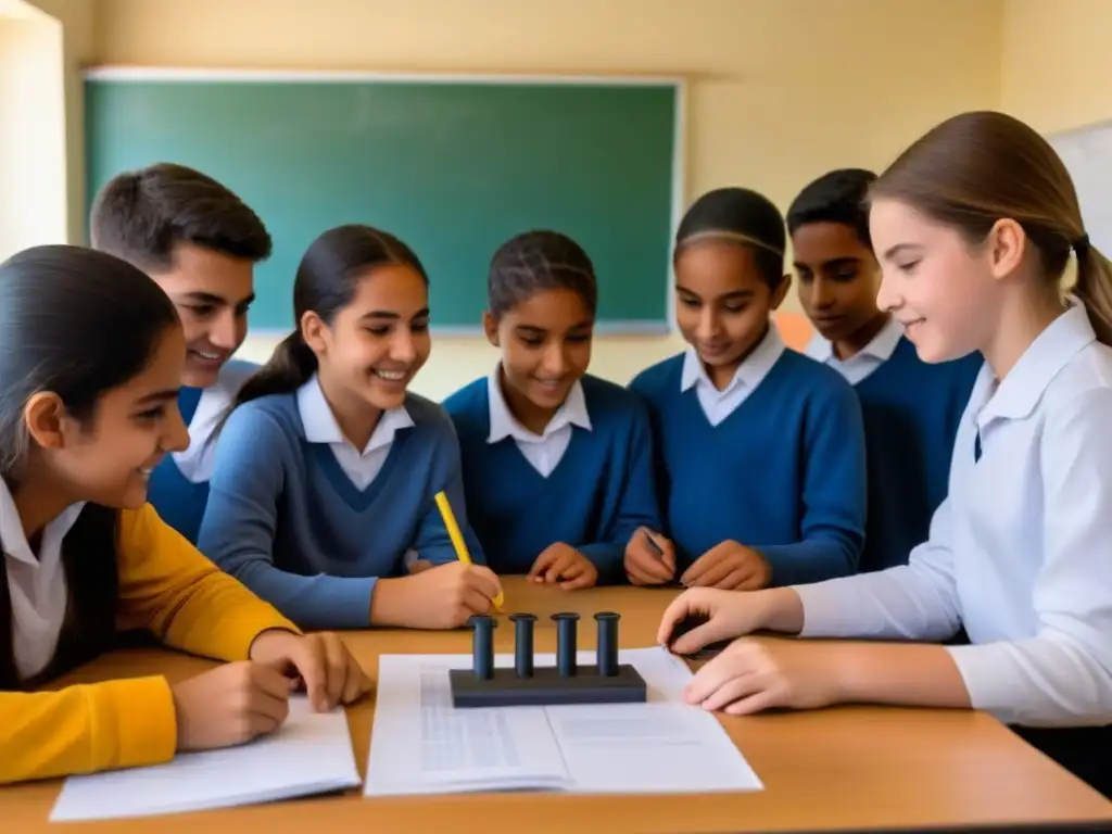 Estudiantes en Uruguay colaborando en experimento STEM, reflejando aprendizaje de matemáticas y ciencias en Uruguay