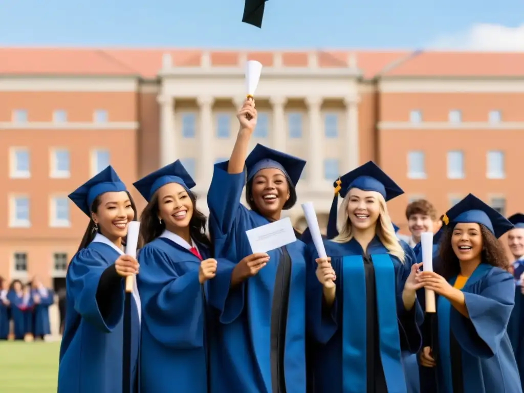 Estudiantes felices celebran con sus diplomas frente a la universidad