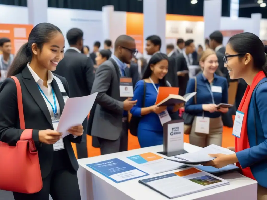 Estudiantes diversos exploran ferias educativas internacionales orientación vocacional con entusiasmo y curiosidad