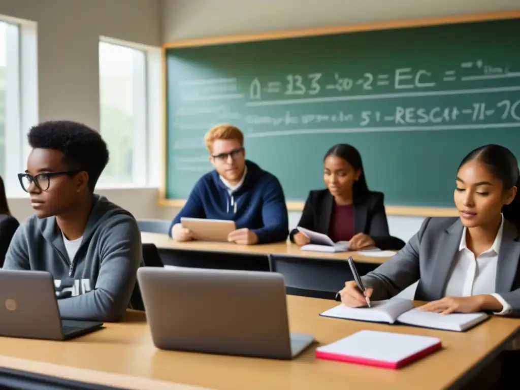 Estudiantes inmersos en el aprendizaje financiero en aula moderna Estudiantes en Uruguay profundizan en educación financiera en aula luminosa con tecnología y pizarrón