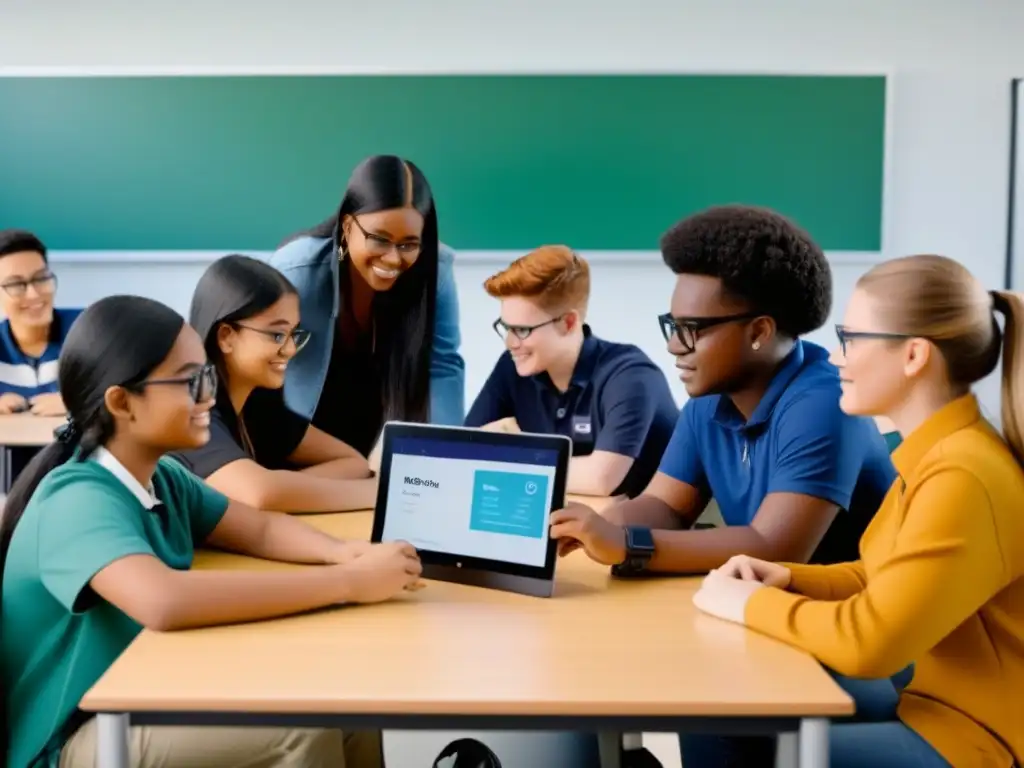 Estudiantes de diversas habilidades colaborando en proyecto IoT en aula moderna, simbolizando educación inclusiva con tecnología IoT