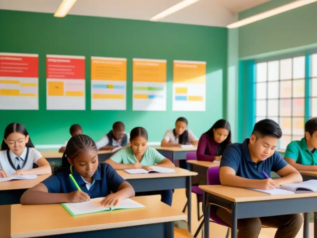 Estudiantes diversos aprendiendo idiomas en un aula moderna