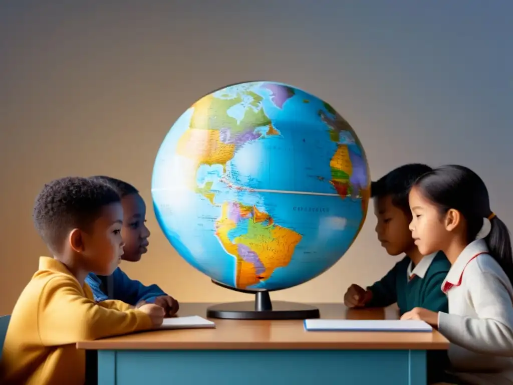 Estudiantes diversos aprendiendo idiomas con un globo terráqueo