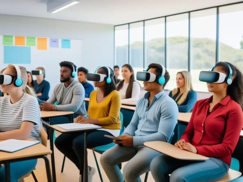 Estudiantes aprendiendo idiomas con tecnología en aula moderna en Uruguay