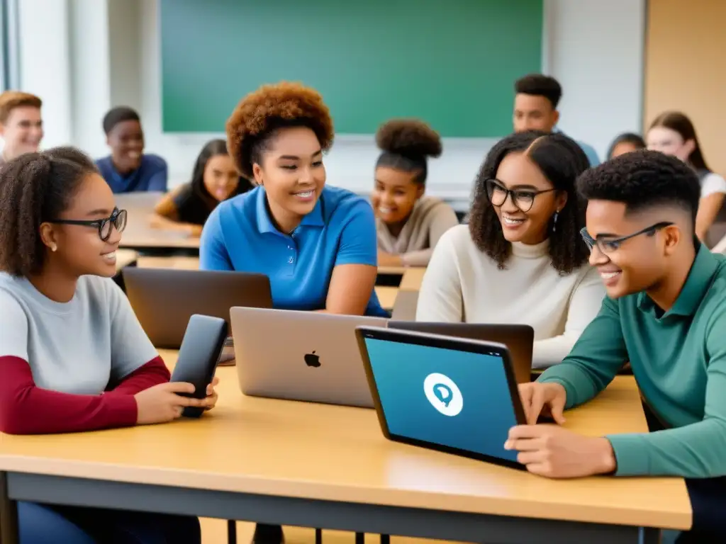 Estudiantes diversos participando en educación inclusiva con tecnología IoT en aula moderna