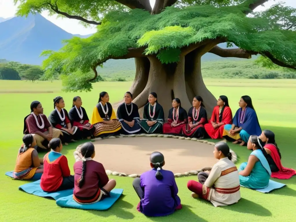 Estudiantes indígenas de diferentes tribus reunidos bajo un árbol, intercambiando conocimientos y tradiciones, resaltando la permanencia escolar