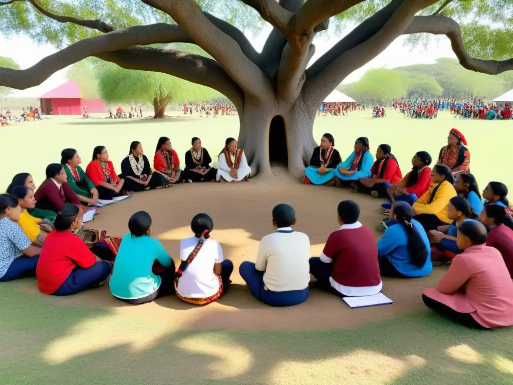 Estudiantes indígenas unidos en un círculo bajo un árbol, rodeados de libros y materiales educativos, fomentando la permanencia escolar