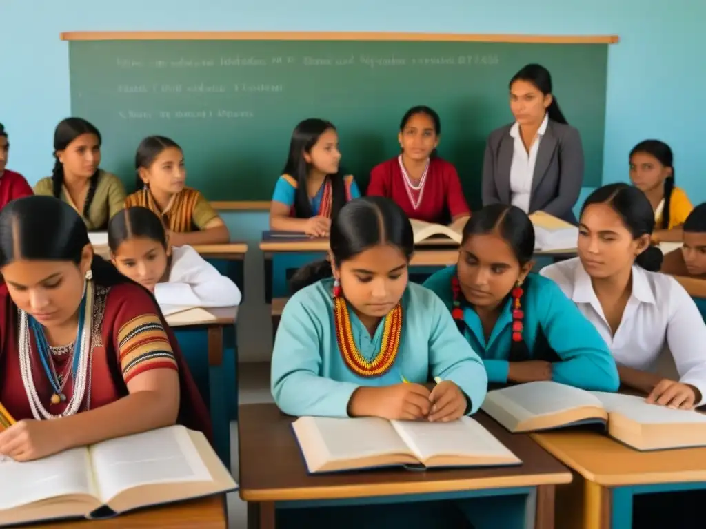 Ilustración de estudiantes indígenas uruguayos en aula con libros y mapas, resaltando diversidad cultural y educación bilingüe