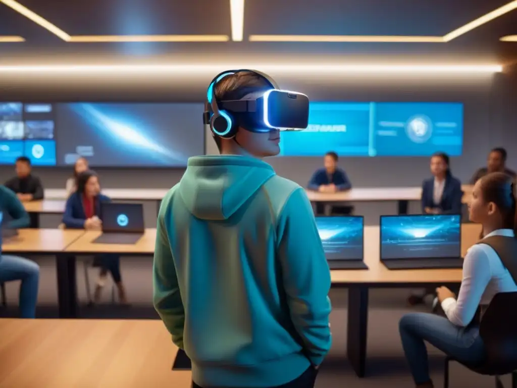 Estudiantes inmersos en actividades de realidad virtual en un aula futurista de universidad