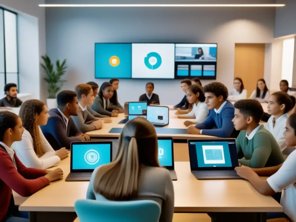 Aprendizaje personalizado con IA: Futuro educativo en Uruguay Estudiantes de Uruguay inmersos en la educación con inteligencia artificial en un aula futurista