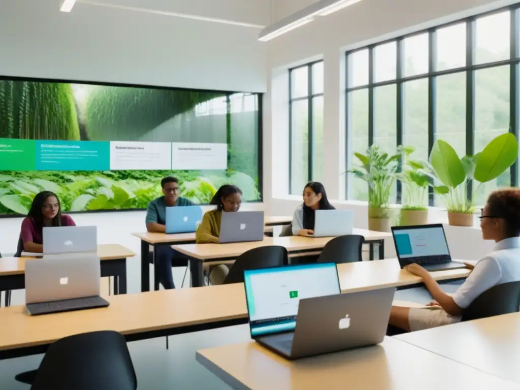 Estudiantes inmersos en plataformas elearning beneficiosos en aula luminosa con vista a jardín