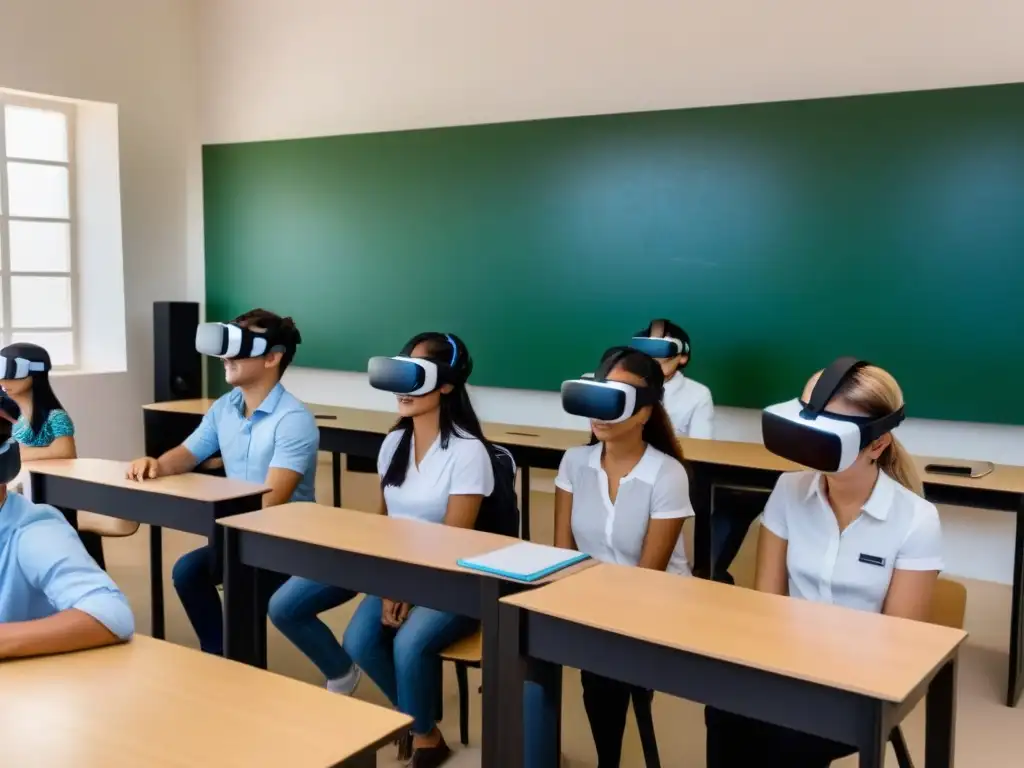 Estudiantes inmersos en Realidad Virtual en Educación Uruguay, descubriendo un mundo virtual desde su aula moderna y luminosa