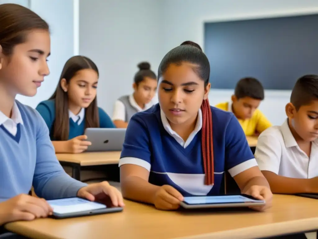 Estudiantes inmersos en tecnología para enseñanza bilingüe en Uruguay, concentrados y comprometidos