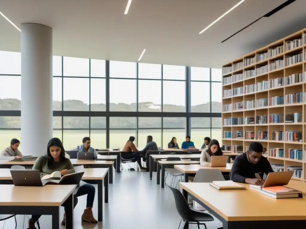 Estudiantes diversos integrados en moderna biblioteca universitaria, símbolo de integración refugiados en educación superior Uruguay