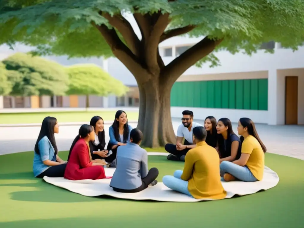 Estudiantes diversos participan en intercambio lingüístico bajo un árbol en el patio de una escuela