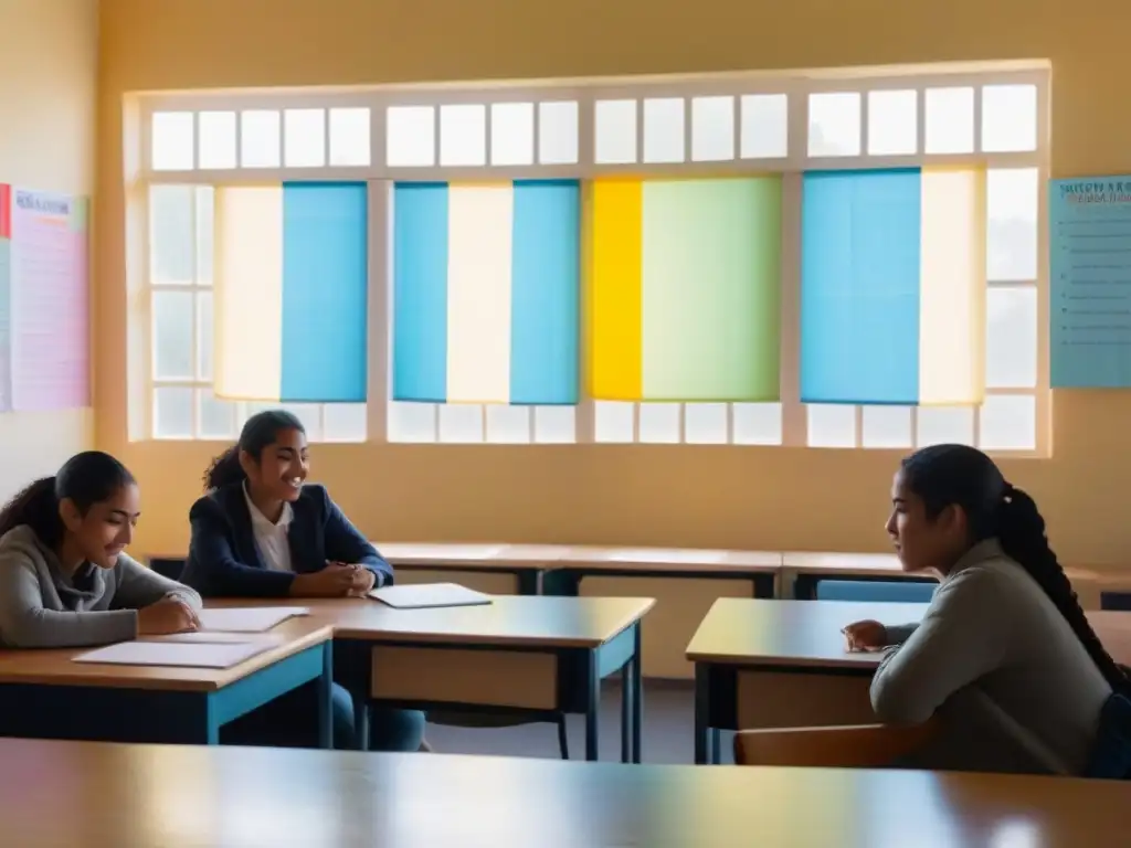 Estudiantes participan en intercambio lingüístico en aula luminosa en Uruguay fomentando educación bilingüe relaciones internacionales