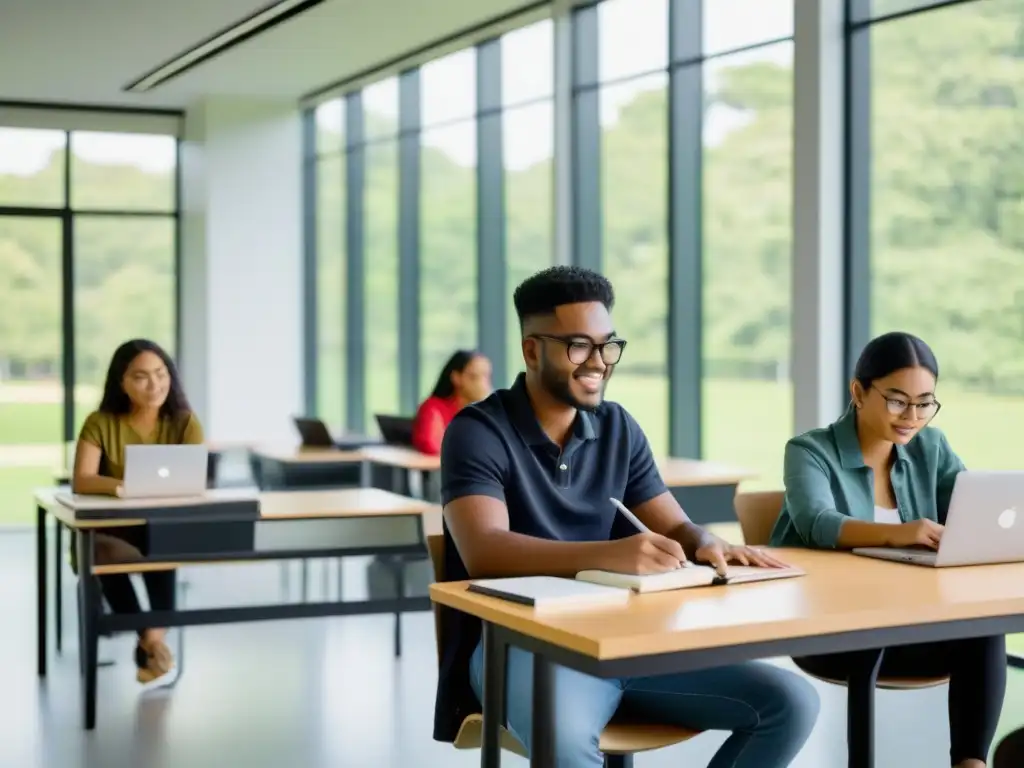 Estudiantes internacionales colaboran en un aula moderna, con vista a un campus verde