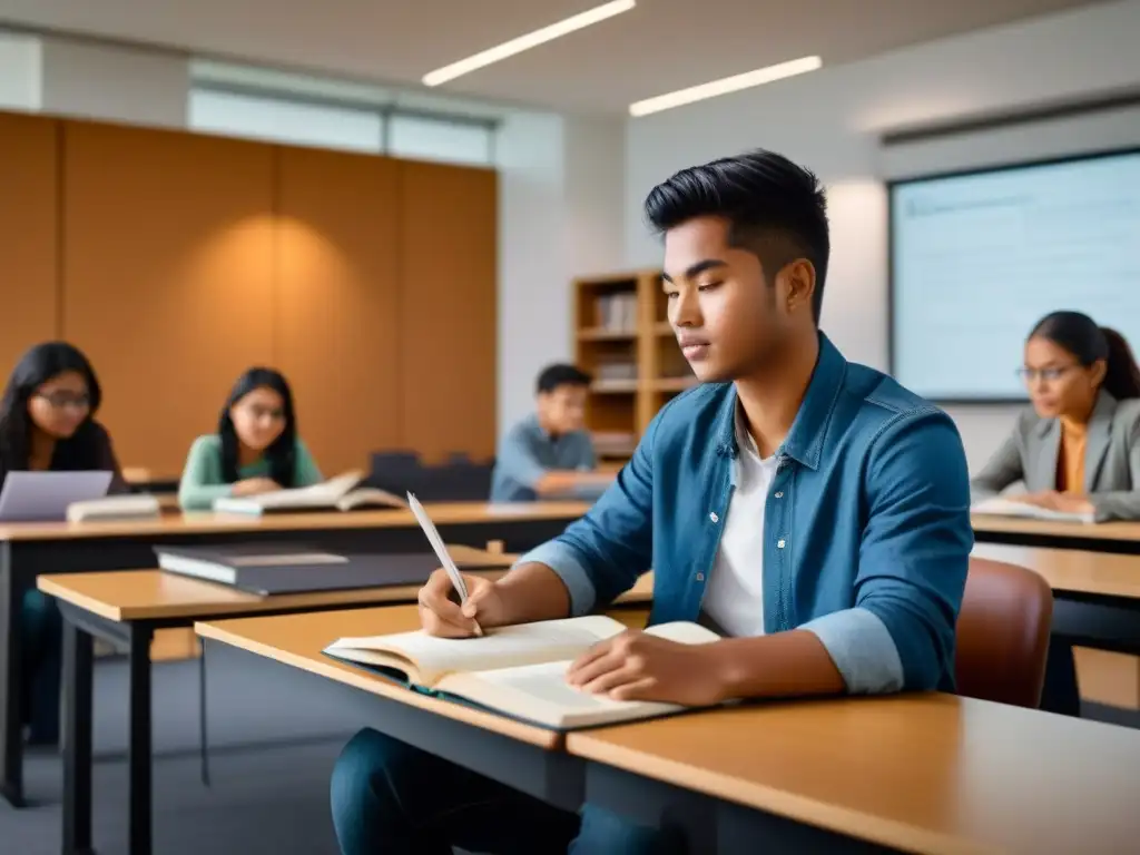 Estudiantes internacionales colaboran en aula moderna; impacto programas educativos internacionales Uruguay