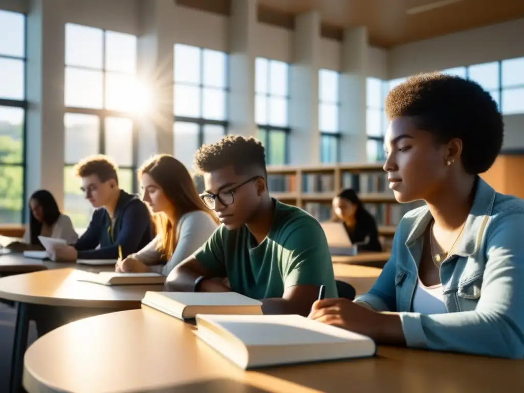 Estudiantes internacionales de Uruguay en biblioteca universitaria moderna, colaborando en armonía