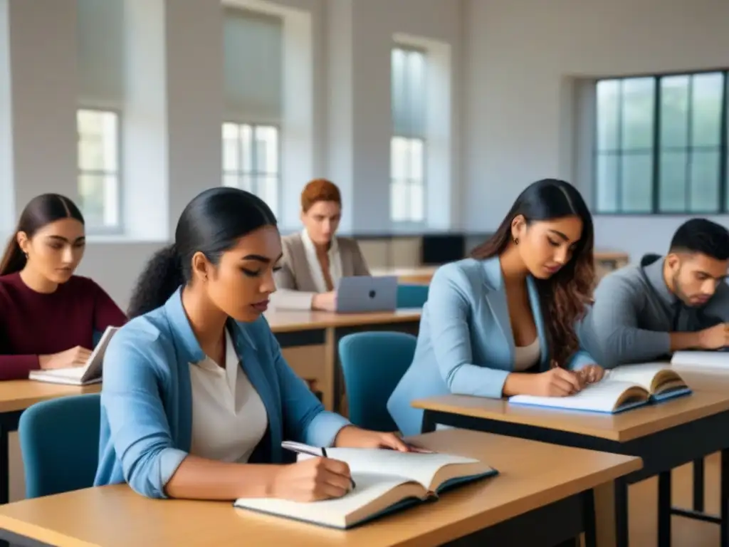 Estudiantes internacionales colaborando y estudiando juntos en un aula universitaria moderna en Uruguay