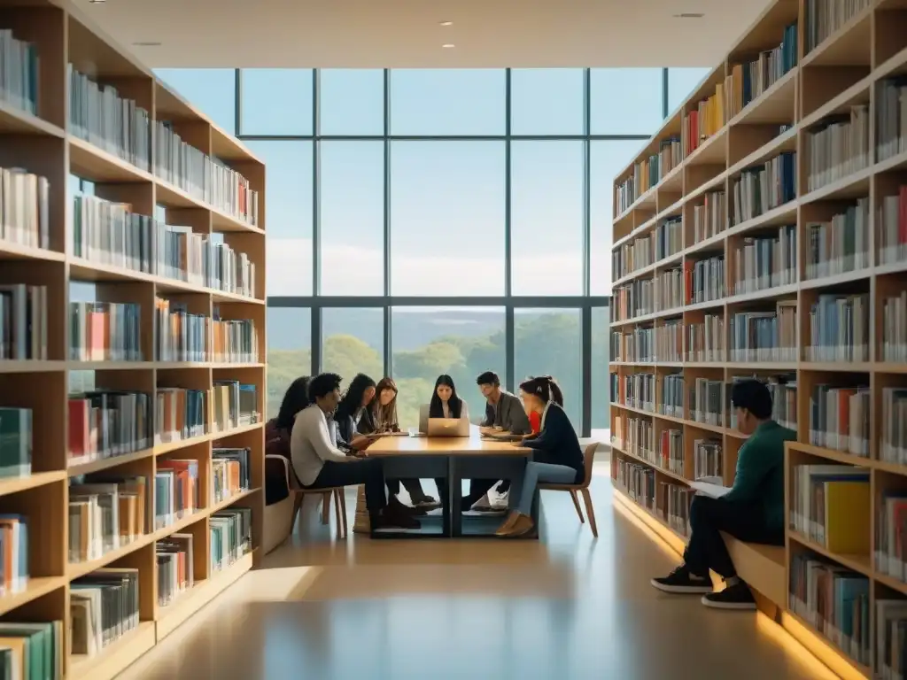 Estudiantes internacionales estudian juntos en biblioteca universitaria moderna de Uruguay, con libros coloridos y luz natural