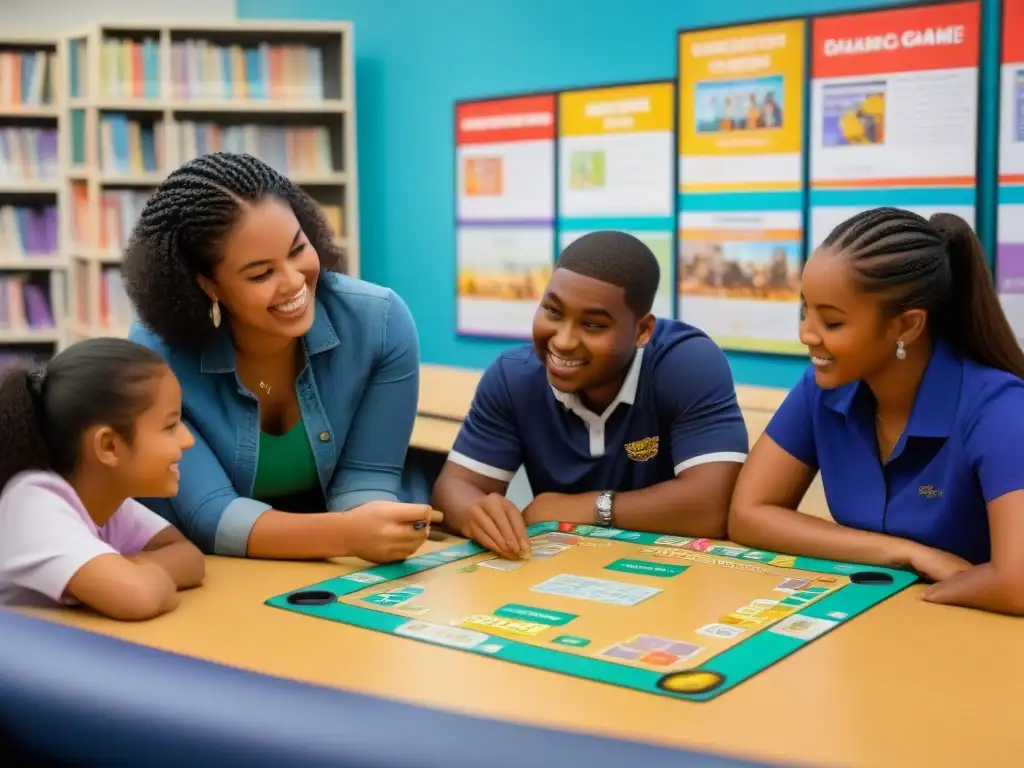 Estudiantes disfrutan de juego de educación financiera en aula moderna, promoviendo la gamificación educación financiera Uruguay