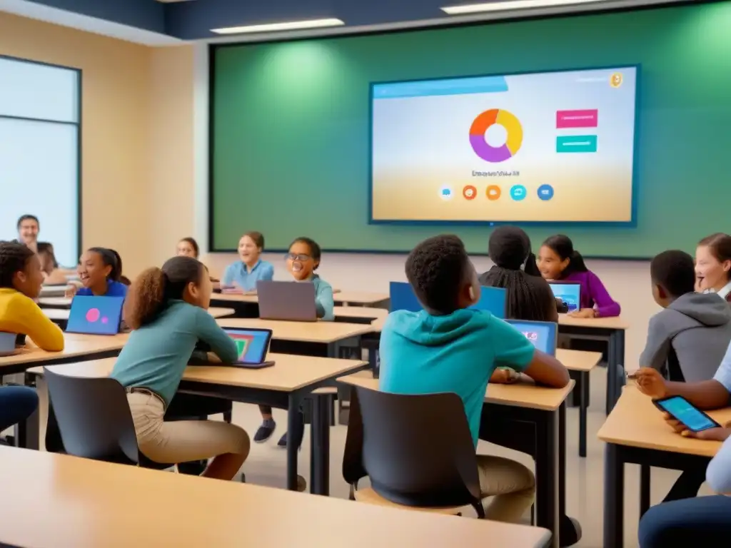 Estudiantes disfrutando de juegos educativos digitales en aula moderna