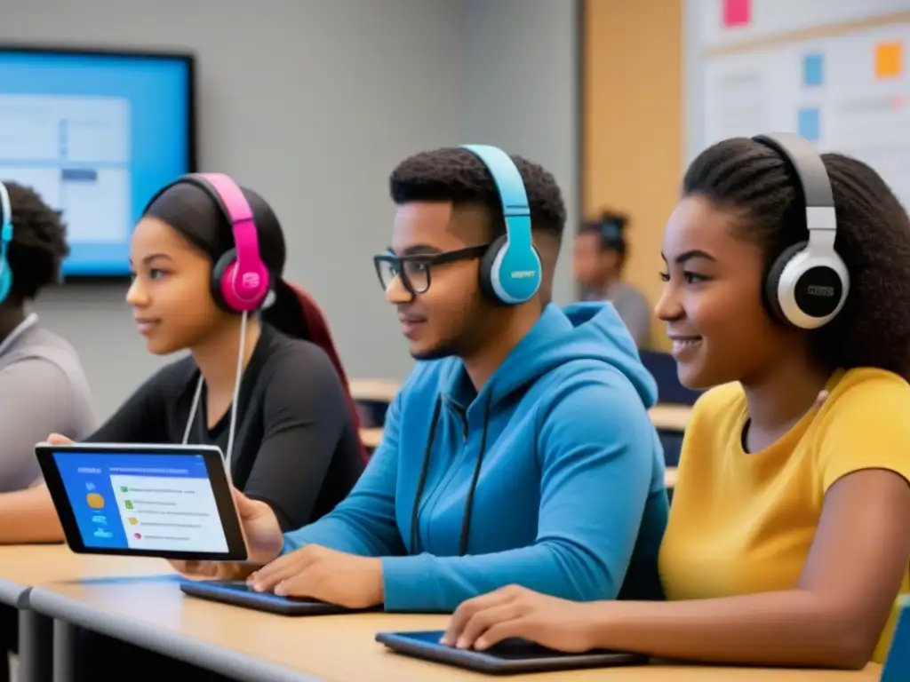 Estudiantes participando en juegos educativos digitales con gamificación en aula moderna