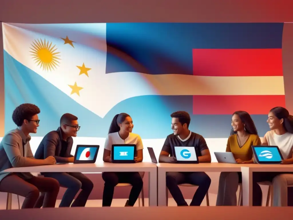 Estudiantes diversos interactúan con juegos educativos en dispositivos digitales, en un aula virtual futurista con la bandera de Uruguay de fondo