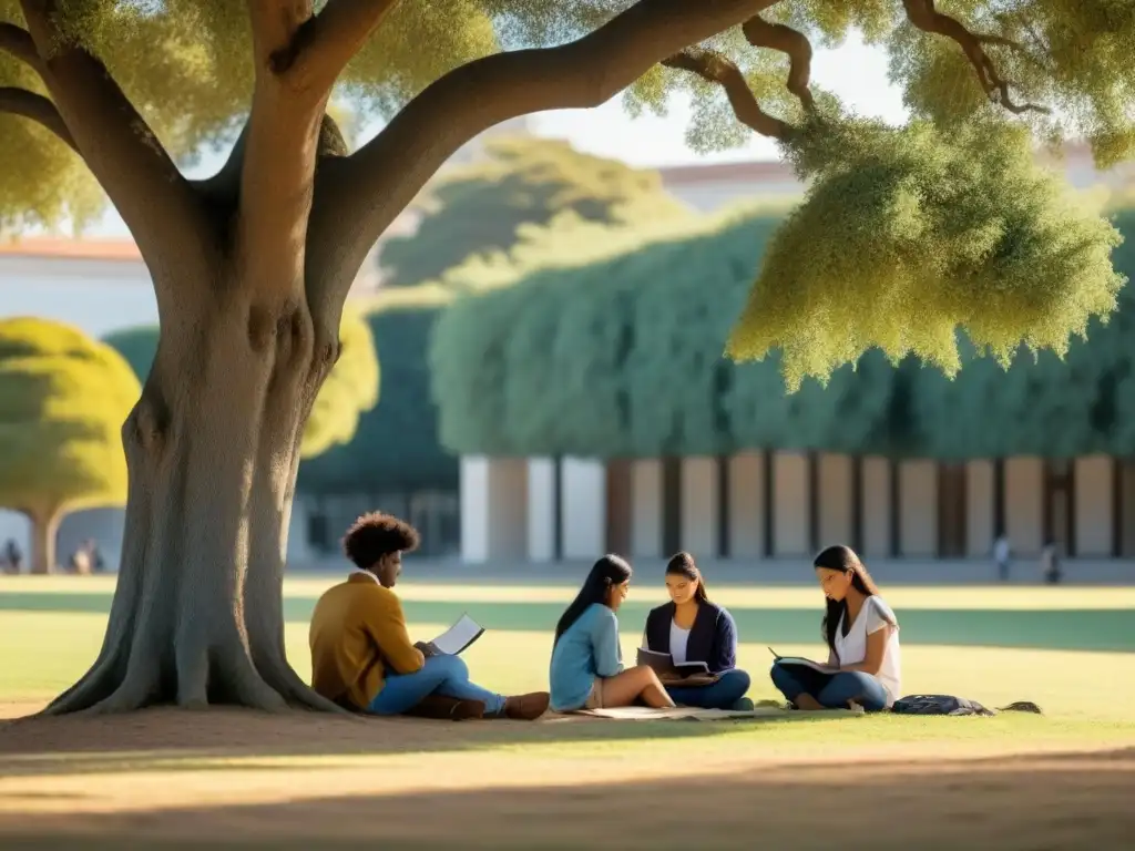 Estudiantes diversos estudian juntos bajo un árbol en un campus universitario en Uruguay, promoviendo las Políticas de bienestar estudiantil Uruguay