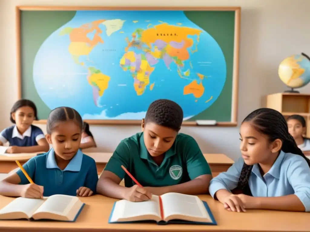 Estudiantes diversos estudian juntos en armonía con libros y un mapa mundial de fondo, destacando la equidad educativa y las evaluaciones estándar en Uruguay