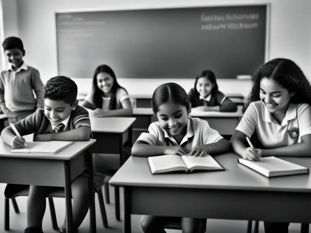 Estudiantes diversos aprendiendo juntos en aula, simbolizando integración cultural en escuelas Uruguay