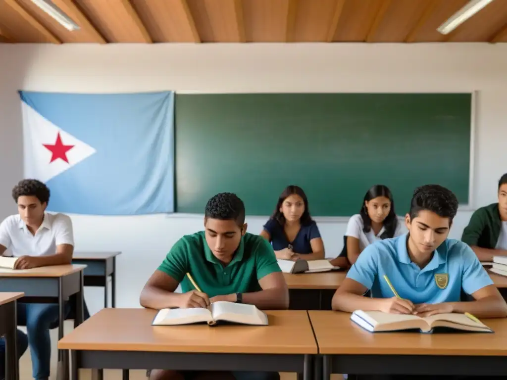 Estudiantes diversos estudian juntos en un aula moderna en Uruguay, fomentando la retención escolar en Uruguay