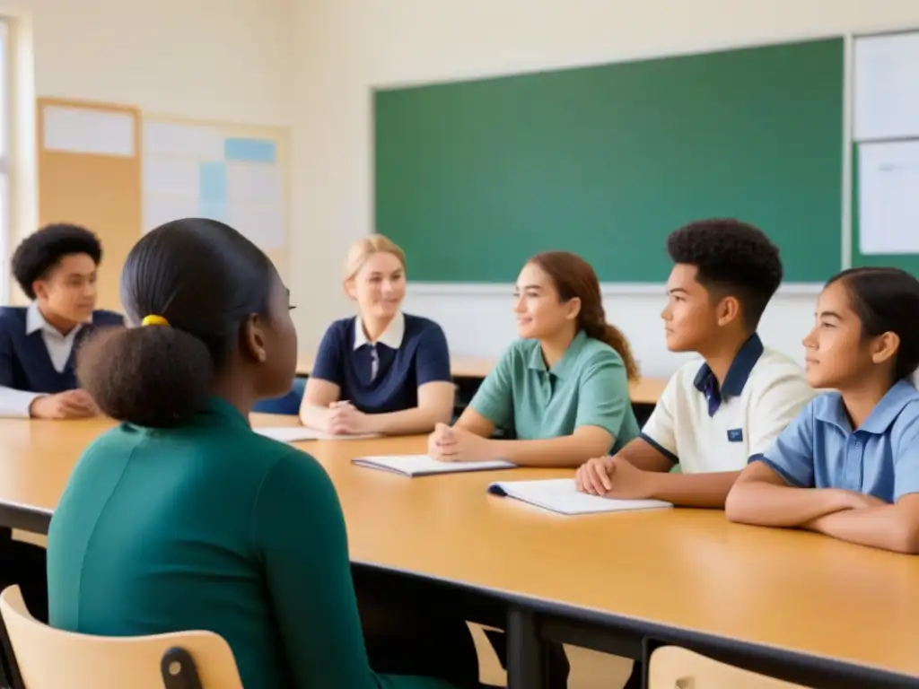 Estudiantes diversos colaborando juntos en un aula moderna y luminosa, simbolizando la implementación directrices UE educación inclusiva Uruguay