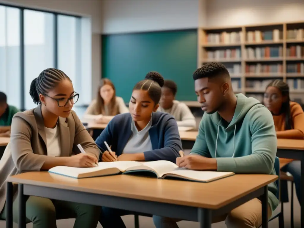Estudiantes diversos estudian juntos en aula moderna, reflejando resiliencia y determinación