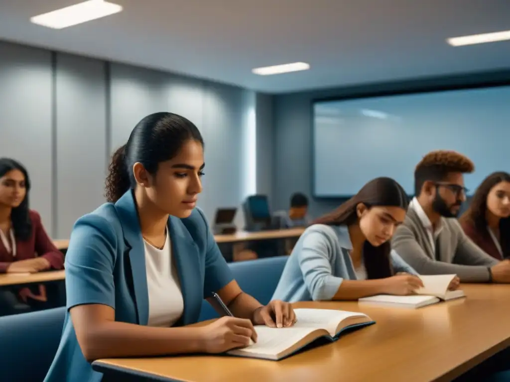 Estudiantes de Uruguay diversos estudian juntos en aula universitaria moderna, reflejando políticas lingüísticas educación superior Uruguay