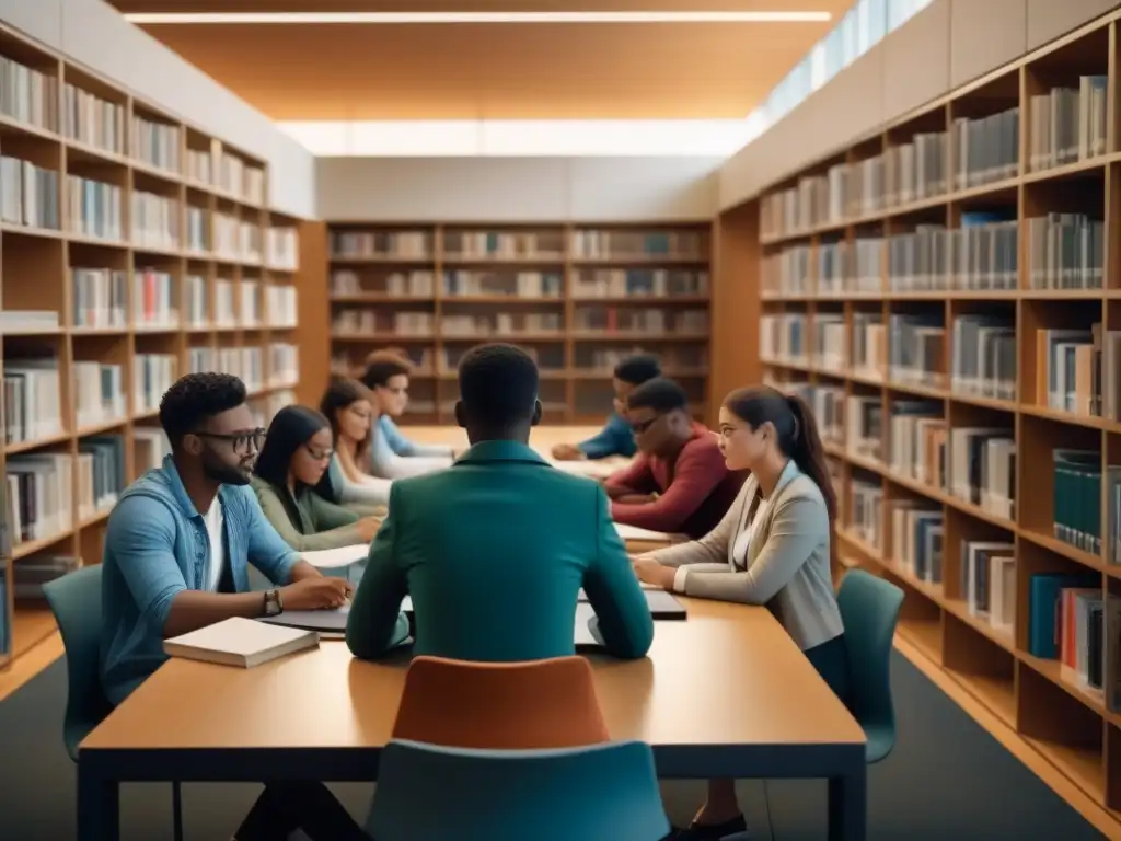 Estudiantes diversos colaboran y crecen juntos en una biblioteca moderna, rodeados de libros y tecnología