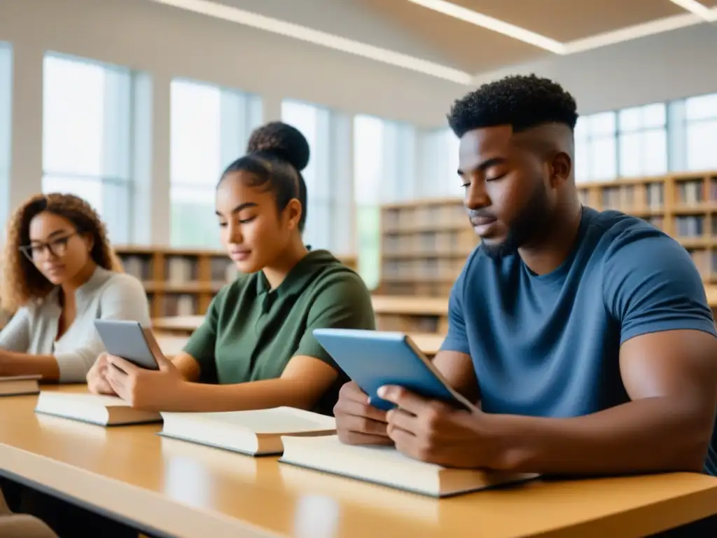 Estudiantes diversos estudian juntos en biblioteca moderna