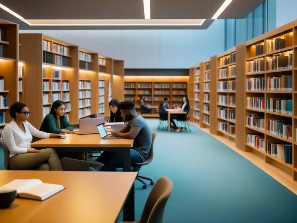 Estudiantes diversos estudian juntos en biblioteca universitaria moderna