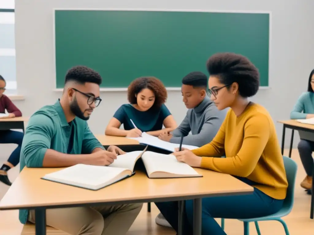 Estudiantes diversos estudian juntos, enfocados en sus dispositivos