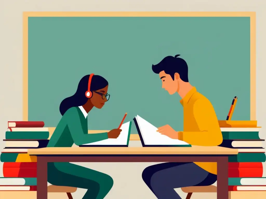 Dos estudiantes colaborando juntos en sus estudios, rodeados de libros y materiales educativos