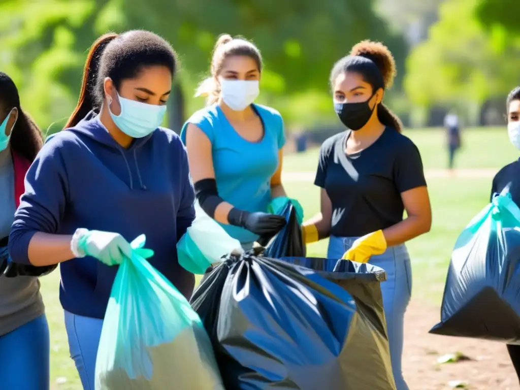 Estudiantes de Uruguay limpiando juntos un parque en día soleado, simbolizando entorno educativo seguro en Uruguay