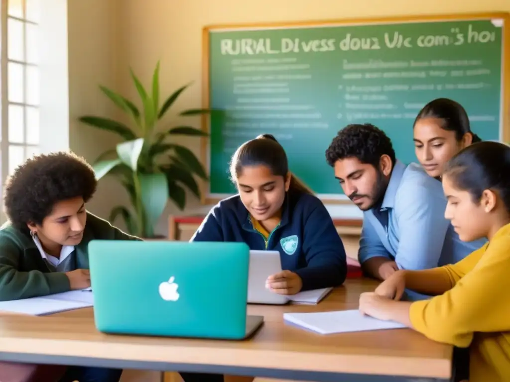 Estudiantes de Uruguay trabajando juntos en un proyecto comunitario educativo en un aula soleada y moderna