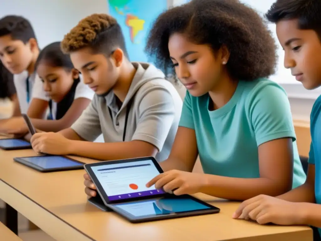 Estudiantes diversos colaboran en una lección bilingüe usando tecnología educativa en un aula moderna, con decoración uruguaya